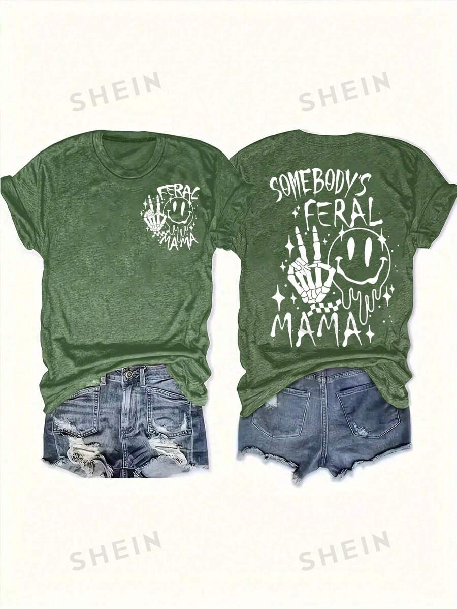 Flirla Camiseta de manga corta de talla grande con estampado de calavera, cara sonriente y letras en inglés, gráfico de verano para mujer
