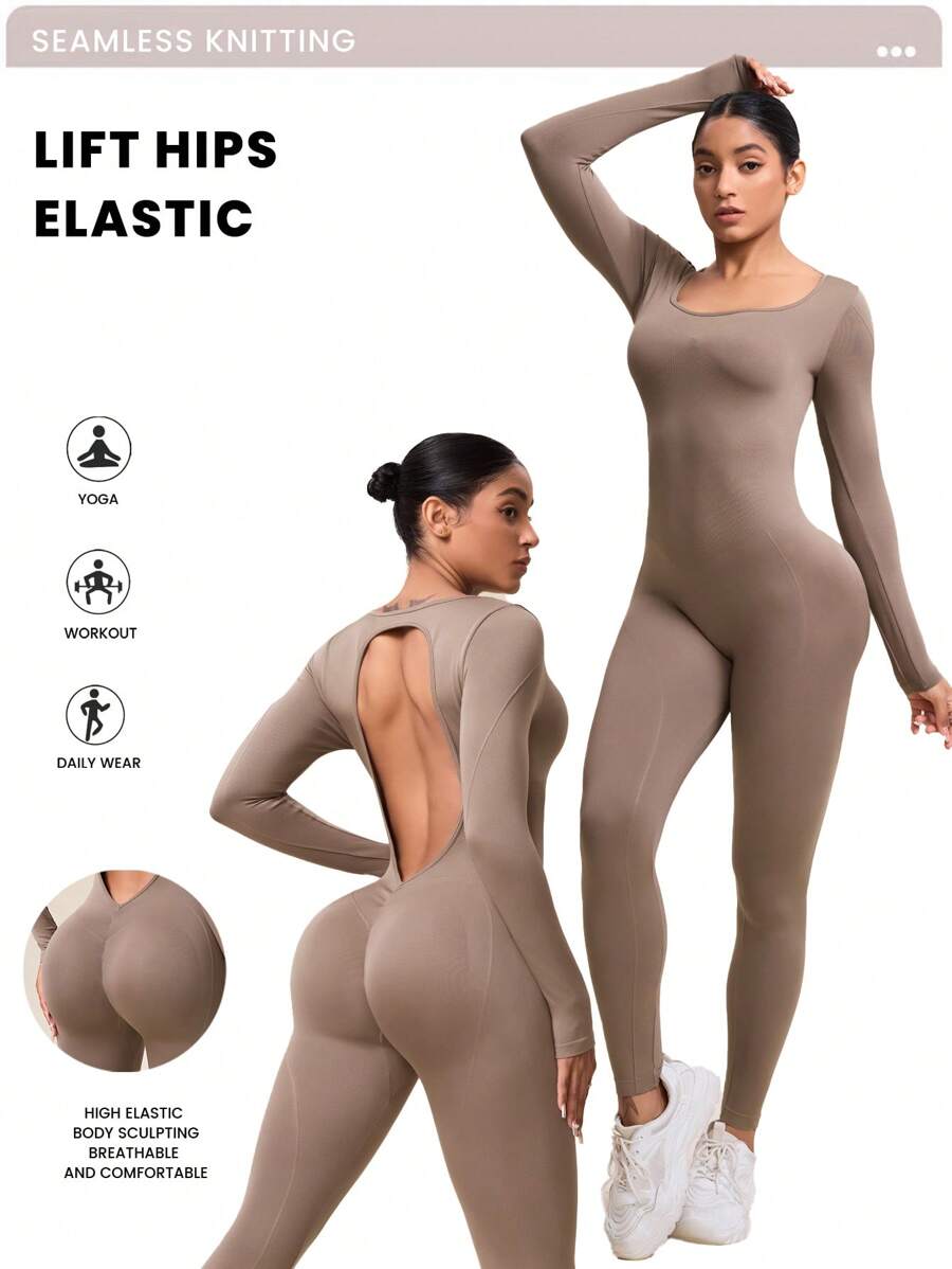 SHEIN Sport Studio Women's Round Neck Long Sleeve Backless Tight Fashionable Outdoor Fitness Jumpsuit Full Fashionable Outdoor Fitness Jumpsuit