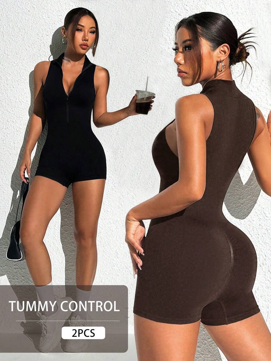 SHEIN Sport Studio Women's Summer Solid Color Stand Collar Zipper Half-Placket Casual Yoga Sports Romper