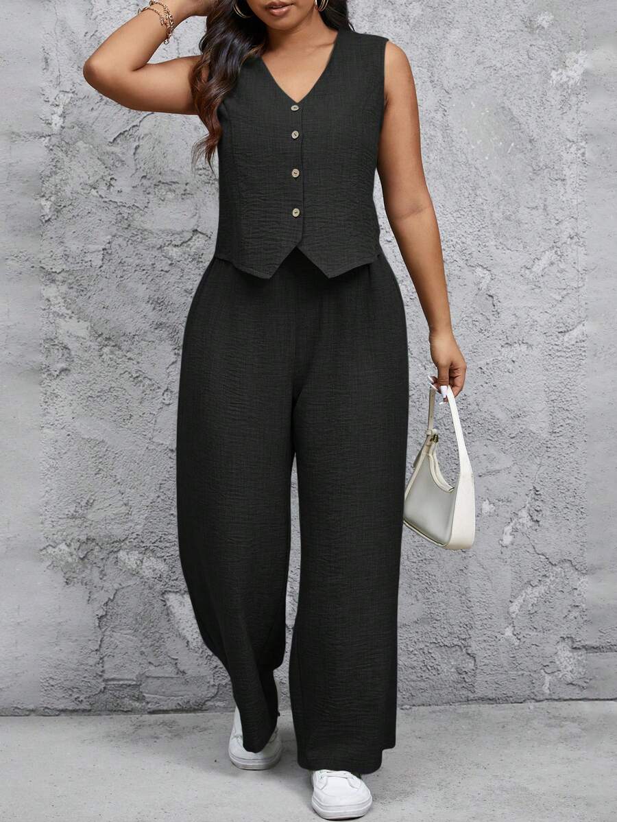 SHEIN Frenchy 2pcs Plus Size V-Neck Sleeveless Vest And Straight Leg Casual Pants Set