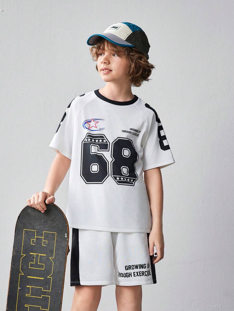 SHEIN Conjunto de 2 piezas para niño preadolescente con camiseta de manga corta con estampado gráfico holgada informal y pantalones cortos