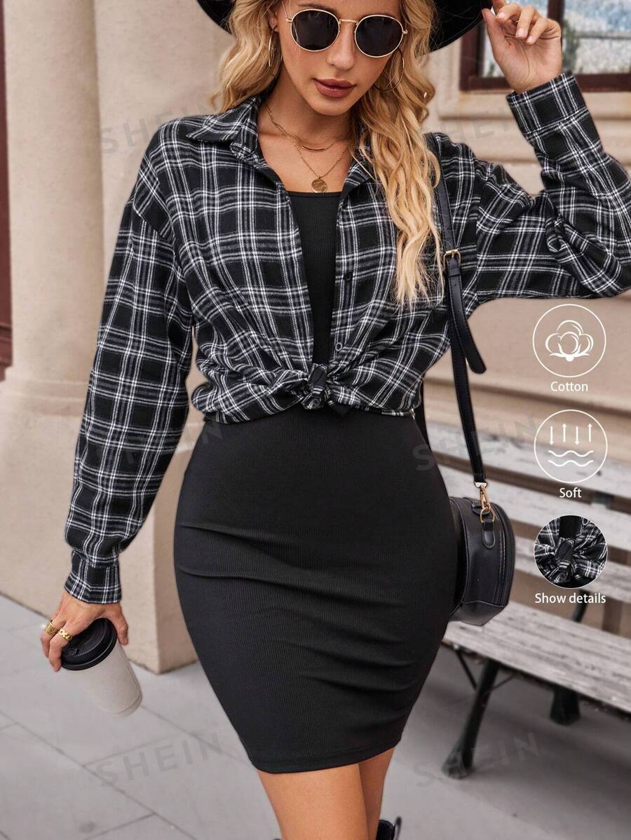 SHEIN LUNE Conjunto de 2 piezas para mujer con camisa de manga caída a cuadros y vestido casual