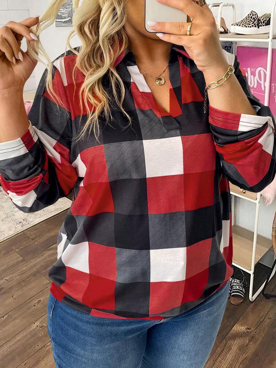 SHEIN LUNE T-shirt à manches réversibles et à imprimé à carreaux pour femmes grande taille, printemps été