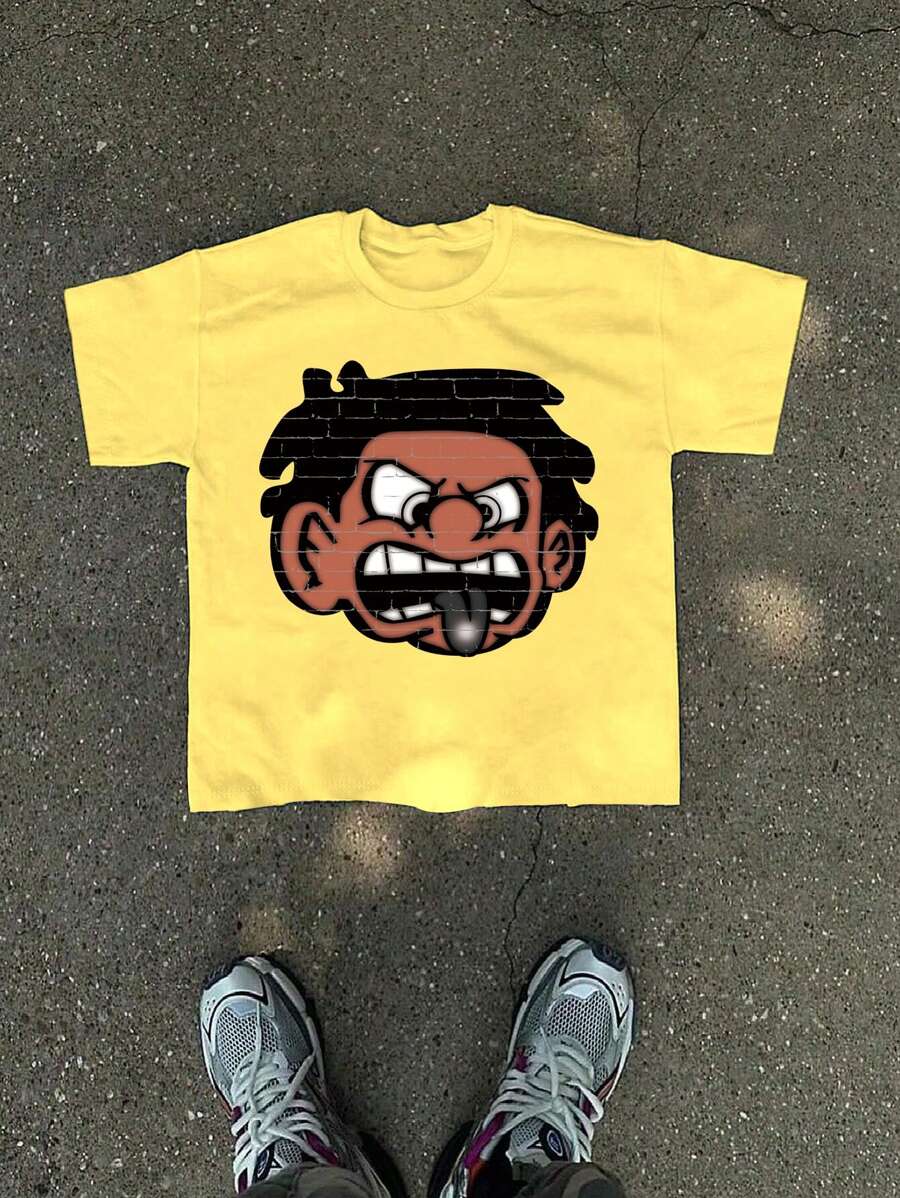 Manfinity Dauomo Camiseta de cuello redondo de manga corta con estampado de personaje de dibujos animados para hombre, de verano