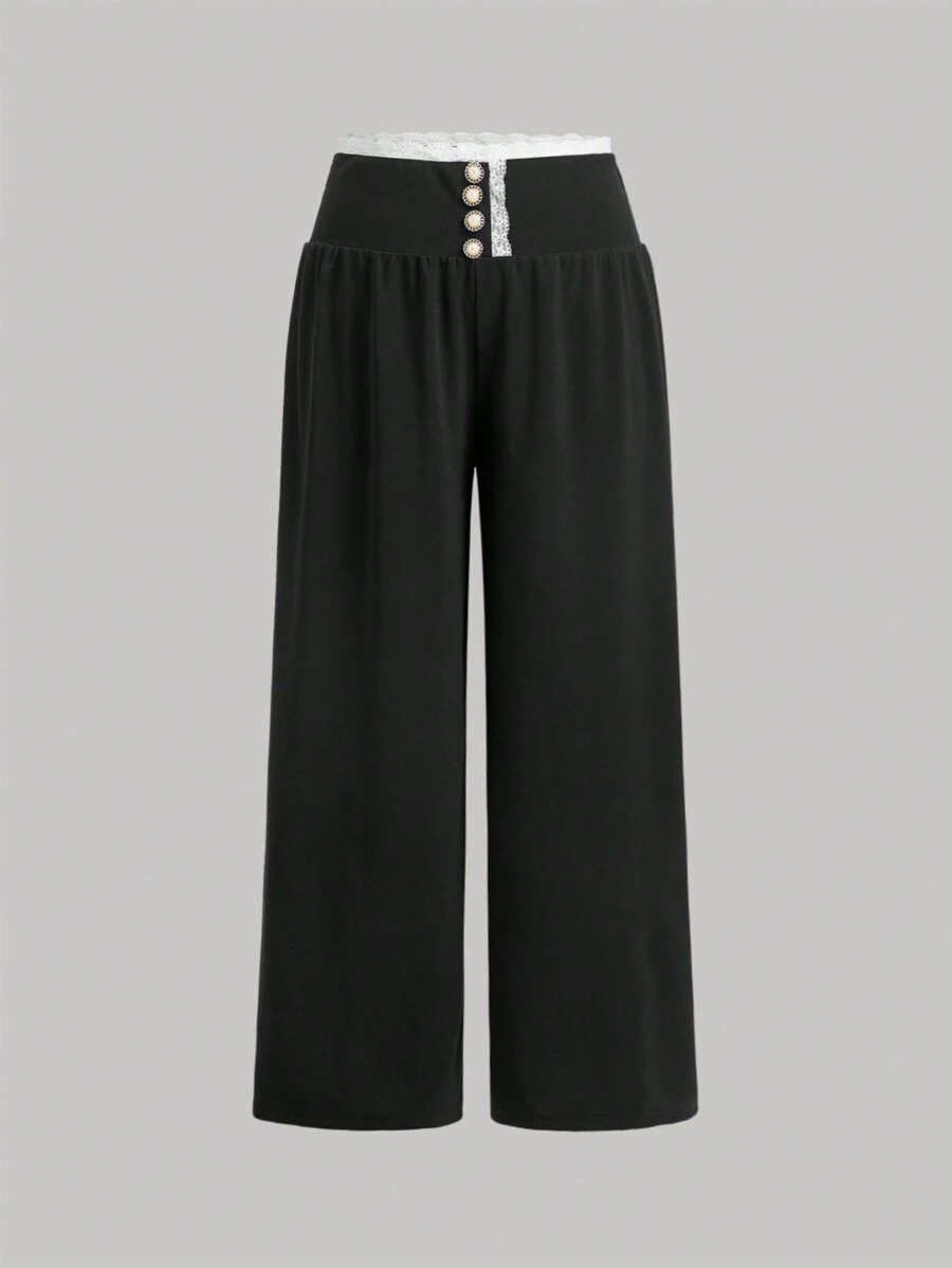 SHEIN MOD Plus Size High Waisted Color Block Lace Trim Button Palazzo Pants