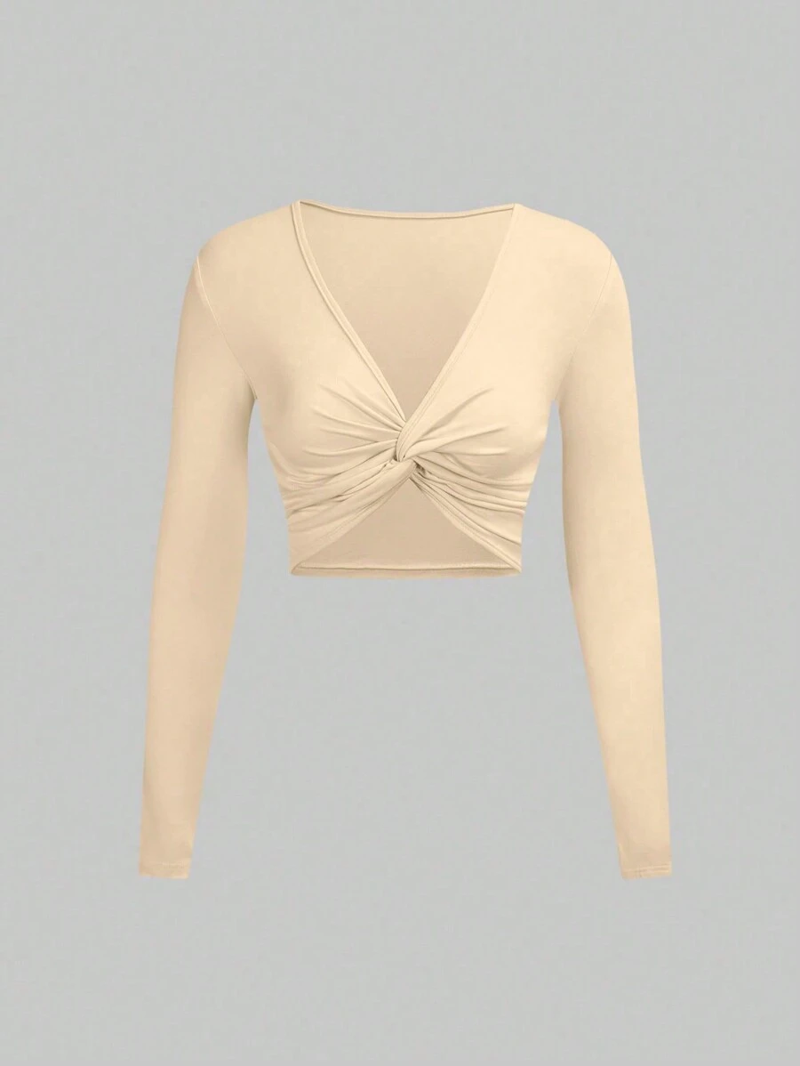 Flirla Women's V-Neck Twist Knot Long Sleeve Slim-Fit Elegantly Sweet Blouse