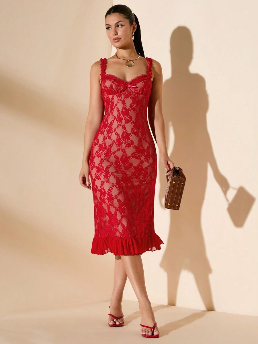 SHEIN BAE Women's Sexy & Elegant Crew Neck Bodycon See-Through Lace Dress