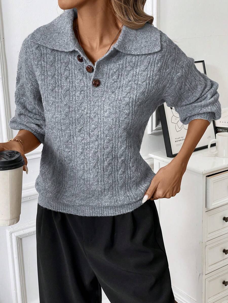 Calvaya Minimalist Polo Neck Button Down Twisted Floral Print Long Sleeve Knit Sweater