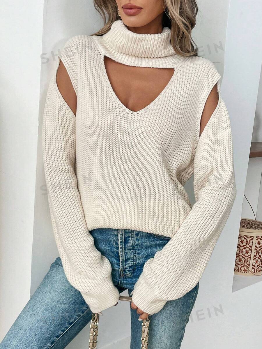 Calvaya Suéter de cuello alto unicolor con diseño hueco para mujer, primavera otoño