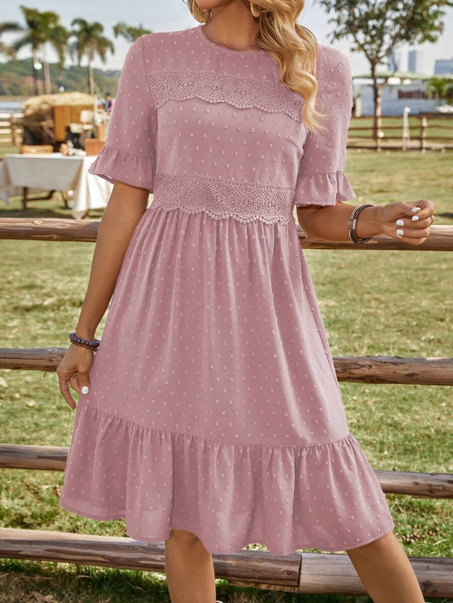 EMERY ROSE Vacation Leisure Solid Color Lace Contrast Dress