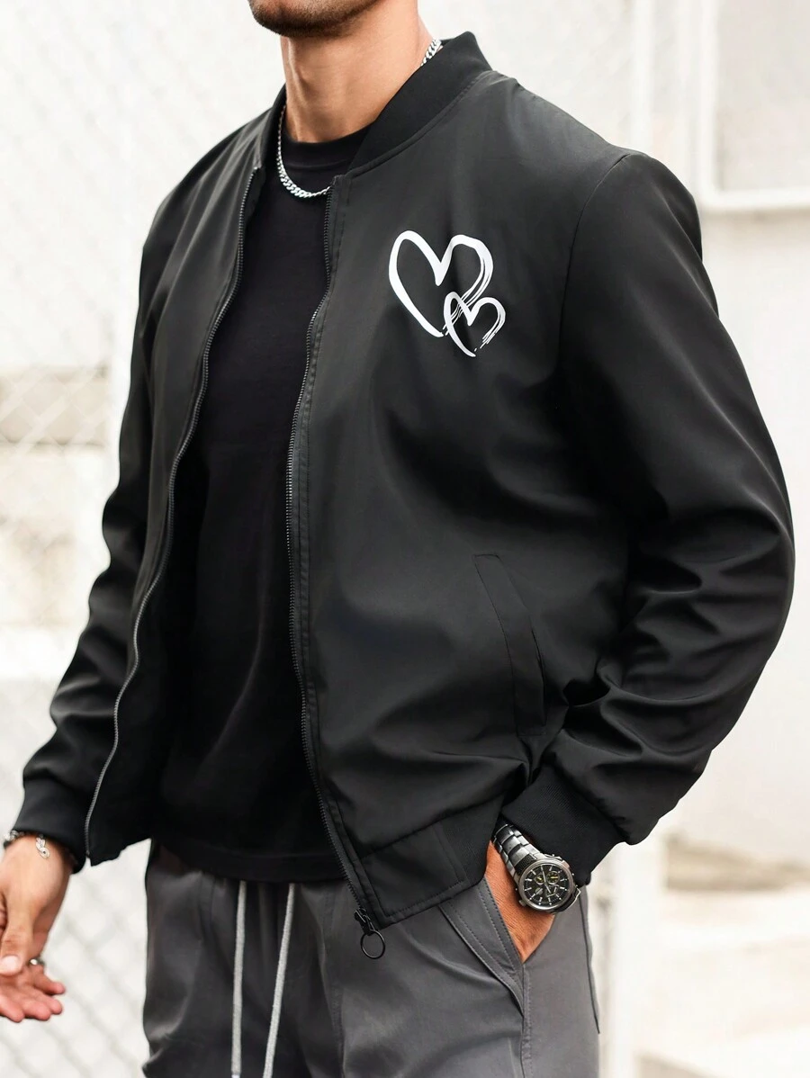 Manfinity Homme Chaqueta de béisbol de manga larga con estampado de corazón para hombres, para primavera/otoño