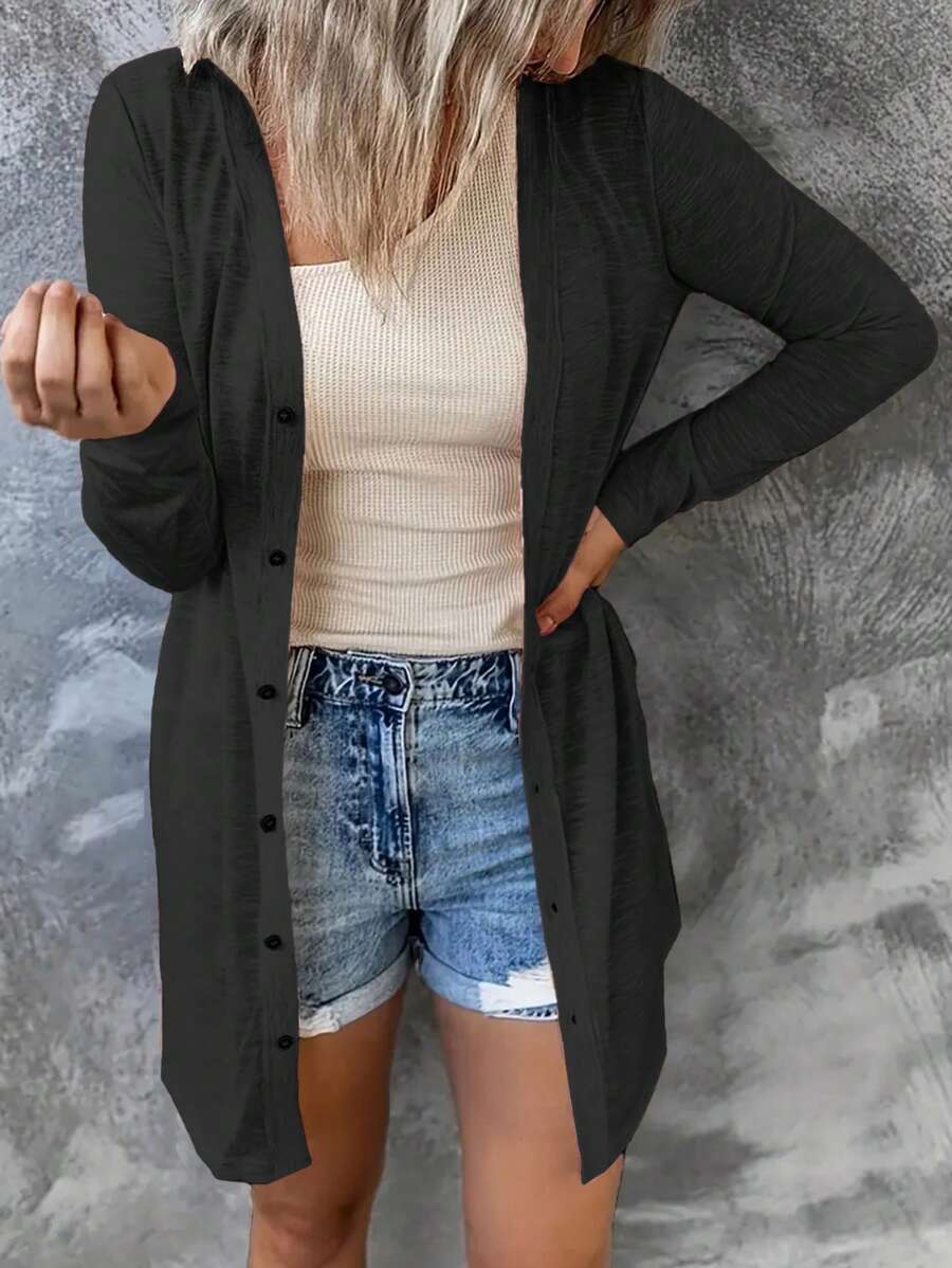 INAWLY Plus Size Long Sleeve Button-Up Loose Soft Elegant Cardigan