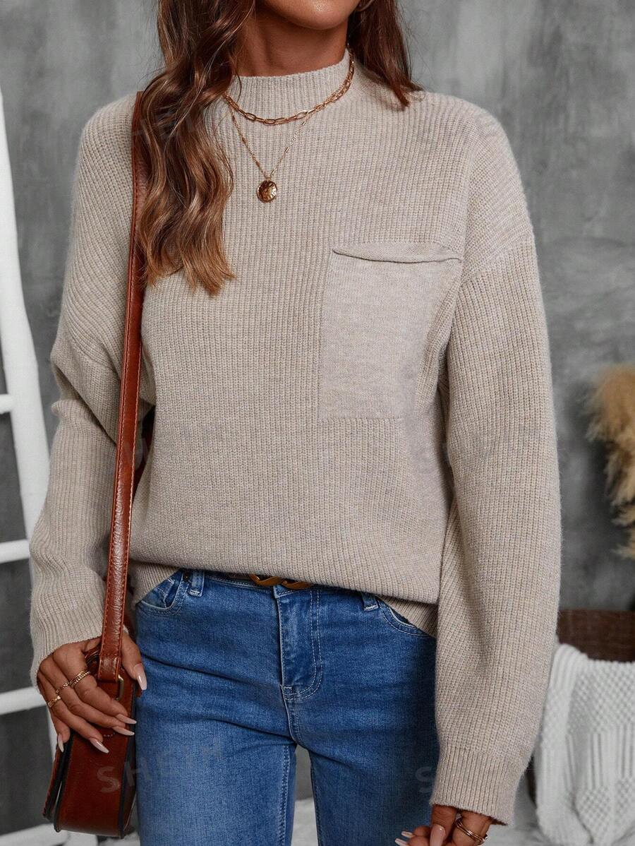 SHEIN LUNE Suéter minimalista de cuello redondo de manga larga con bolsillo, de color liso, para uso casual diario