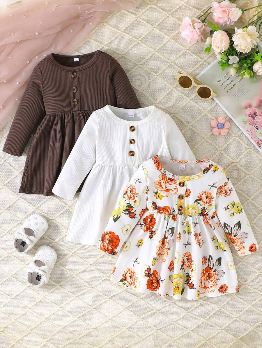 3pcs Baby Girls' Floral Print & Solid Color Long Sleeve Dress, Casual Outdoor Wear For Spring/Fall