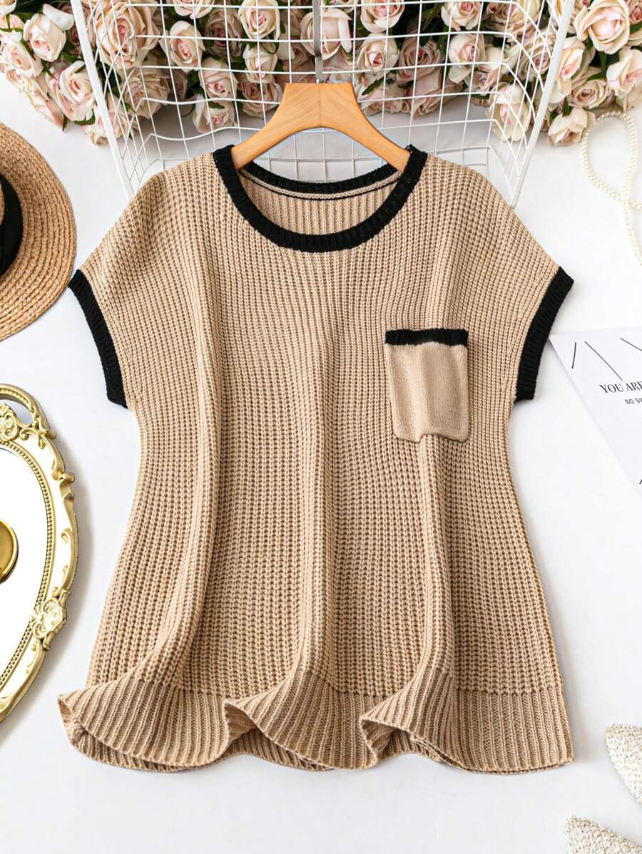 EMERY ROSE Plus Size Women's Summer Hemmed Round Neck Bat Short Sleeve Loose Casual Knitted Top