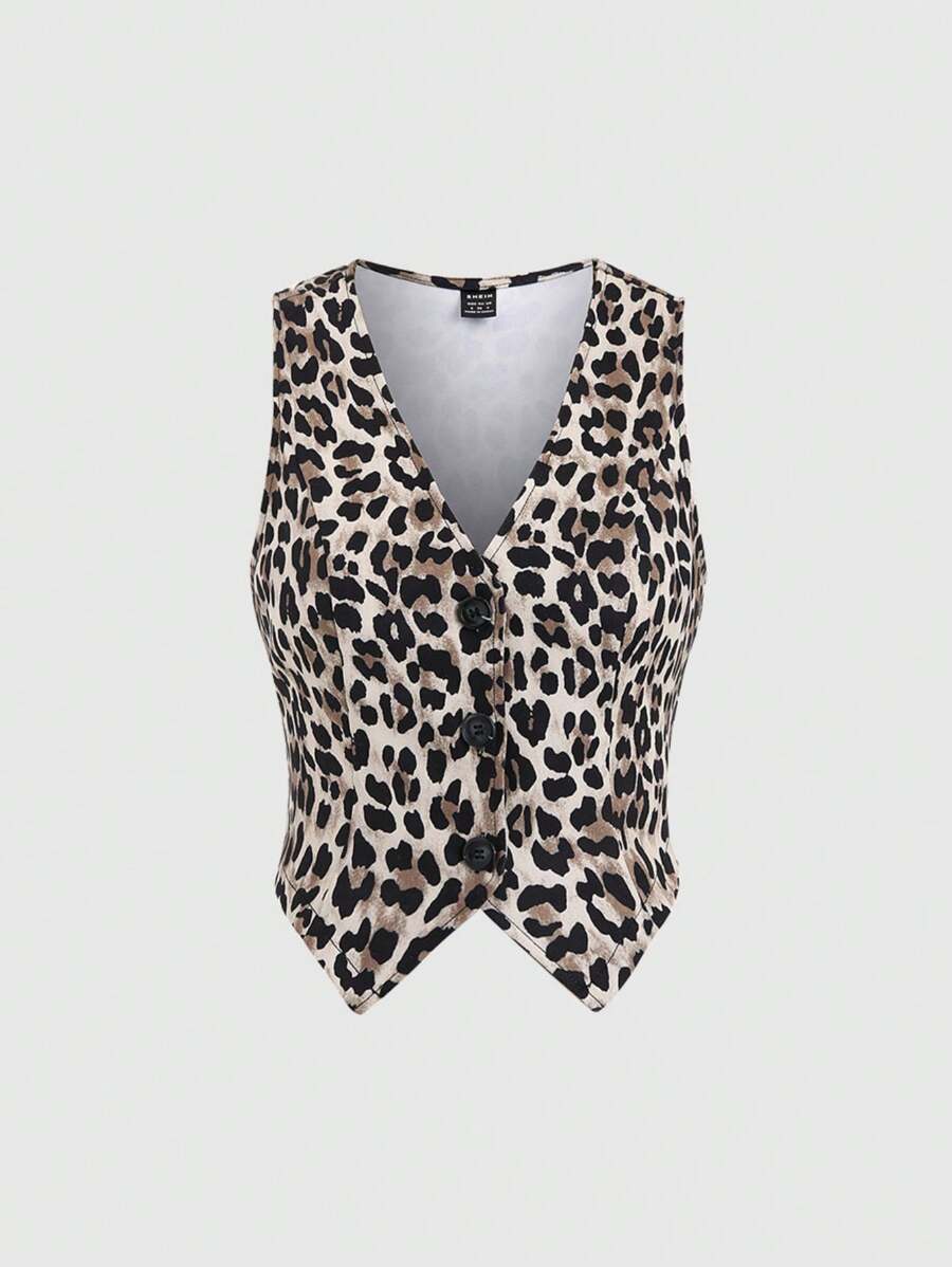 SHEIN Unity Canotta estiva da donna con scollo a V e stampa leopardata alla moda