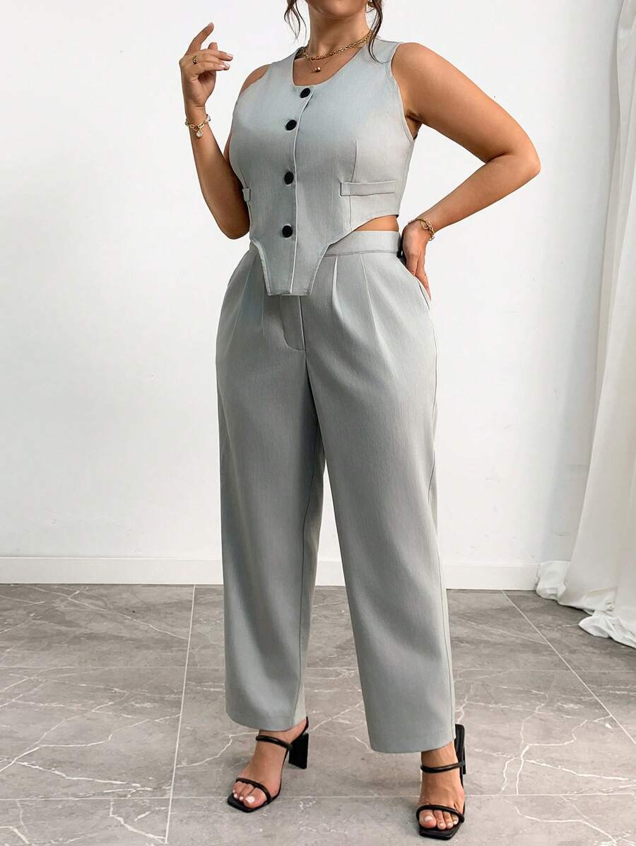 Franclia Plus Size Women's Summer Solid Color Asymmetric Hem Vest And Pants Office Suit Set
