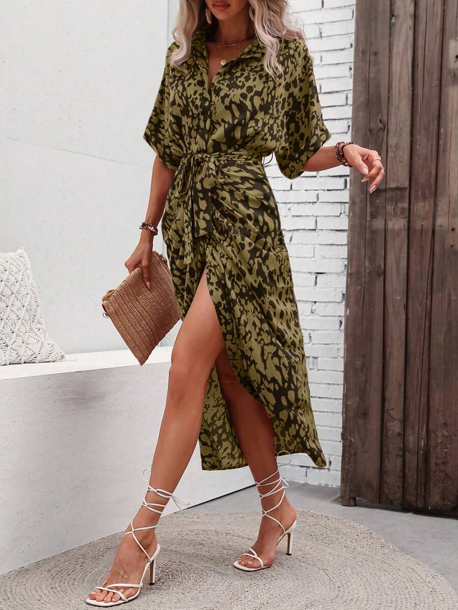 Breezaya Women's Summer Allover Print Bat-Sleeve Single-Breasted Split-Hem Long Shirt Dress