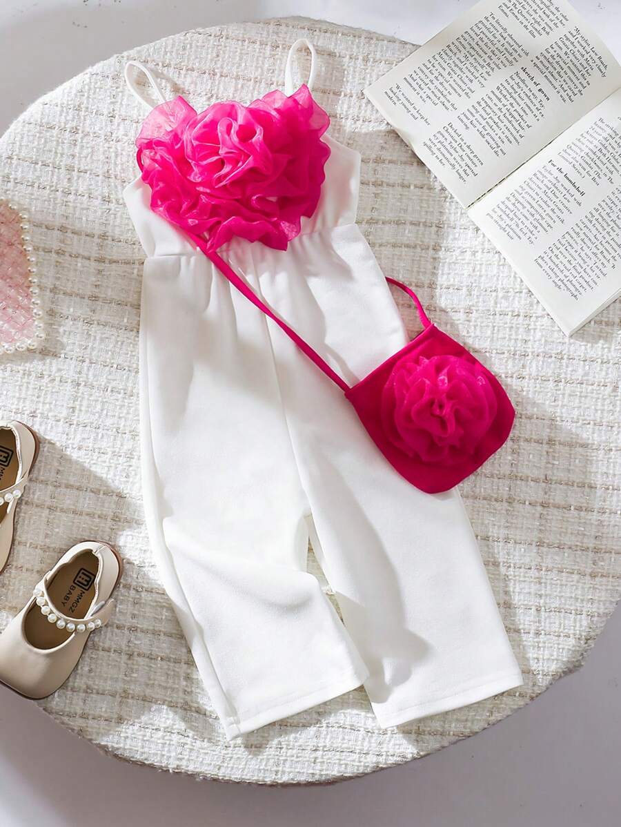 SHEIN Elegancki kombinezon 3D z siateczką w kwiaty dla dziewczynki i zestaw torebek z siateczki przez ramię, idealny na wycieczki