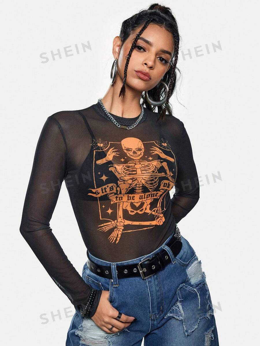 Eljasssss Blusa casual de mujer artista con cuello redondo, estampado de calavera en malla, en negro, estilo Y2K, urbano, oscuro, para Halloween, salidas, festivales, estilo occidental