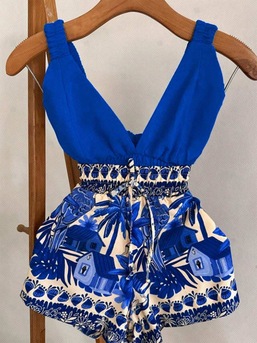 Franclia Women Summer Hollow Out Solid Color Camisole And Palm Print Shorts Set For Vacation