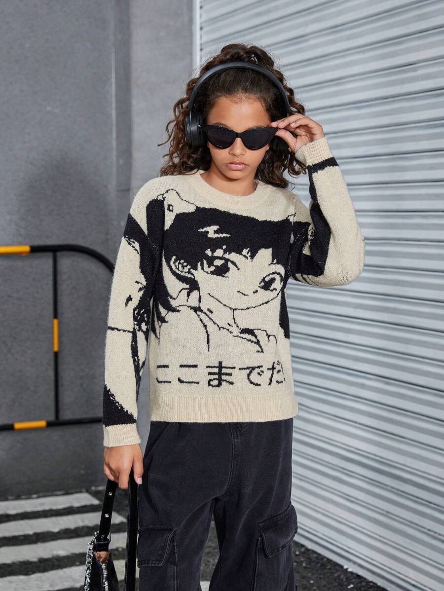 Girls Anime Style Crew Neck Loose Fit Knit Sweater, Autumn