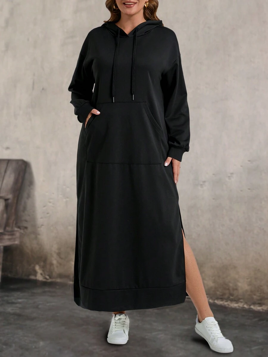 EMERY ROSE Casual Dress Plus Size Hooded Pocket Casual Slit Hem Dress