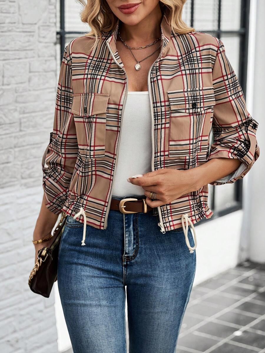 SHEIN LUNE Chaqueta de mujer casual con cordón vintage clásica a cuadros de 4 temporadas