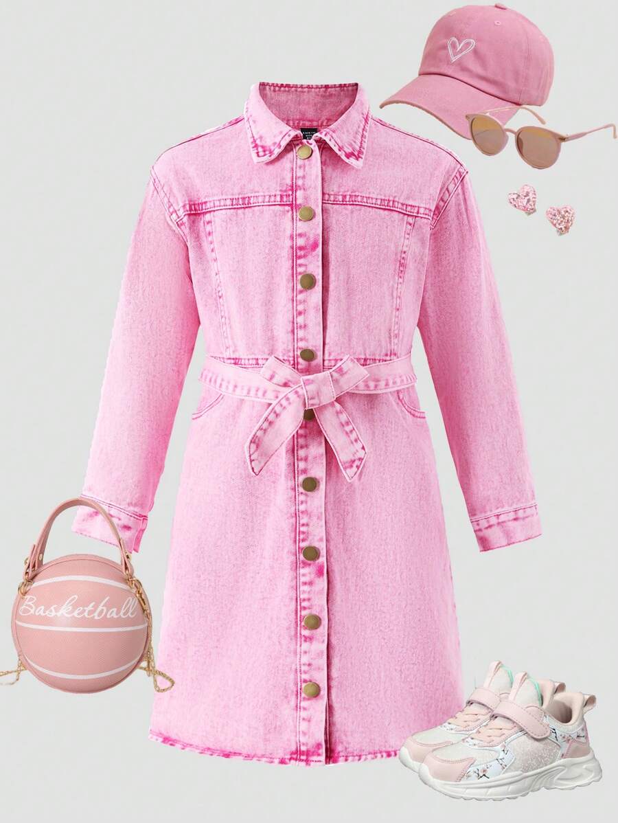 SHEIN 1 Stück fuchsiafarbenes lässiges Jeans Kleid für Tween-Mädchen