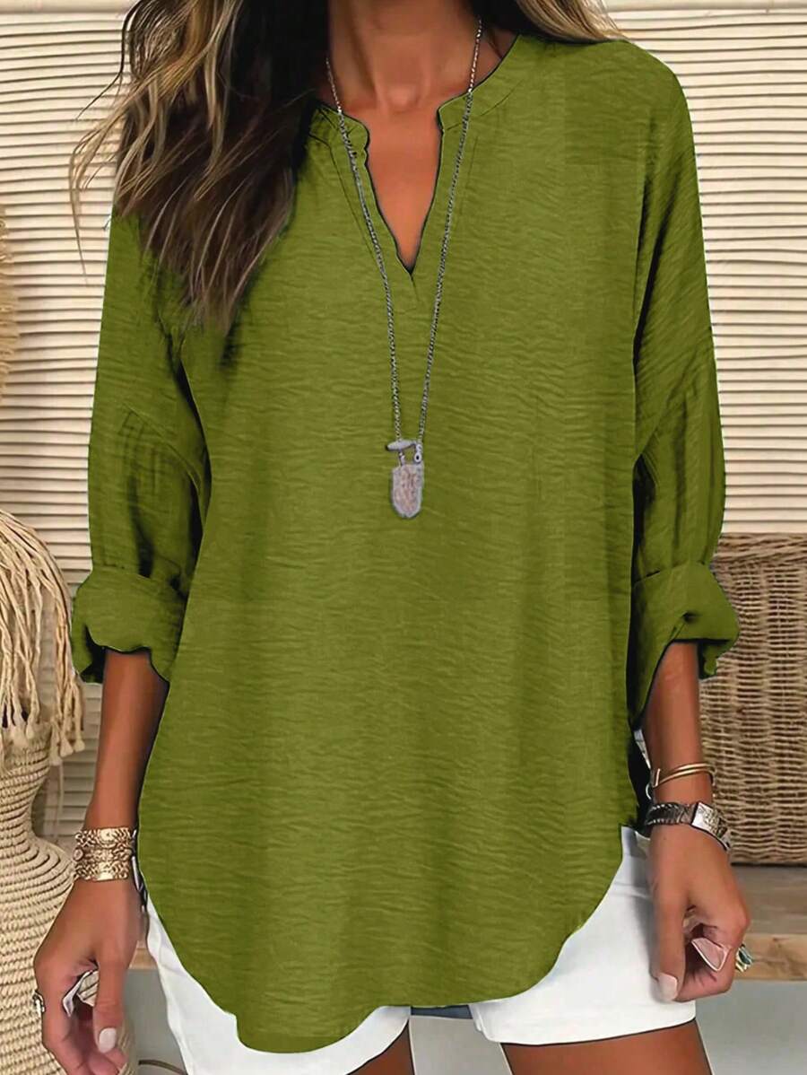 EMERY ROSE Blusa holgada de mangas largas con cuello en V y hombros caídos para mujeres tallas grandes, para primavera y verano