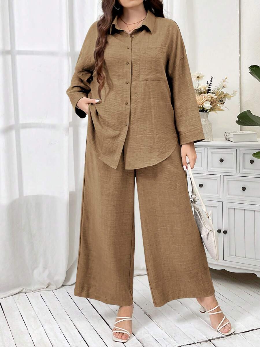 Mulvari 2 piezas Conjunto casual holgado de camisa de manga larga de hombros caídos y pantalones de unicolor para mujer talla grande, primavera y otoño