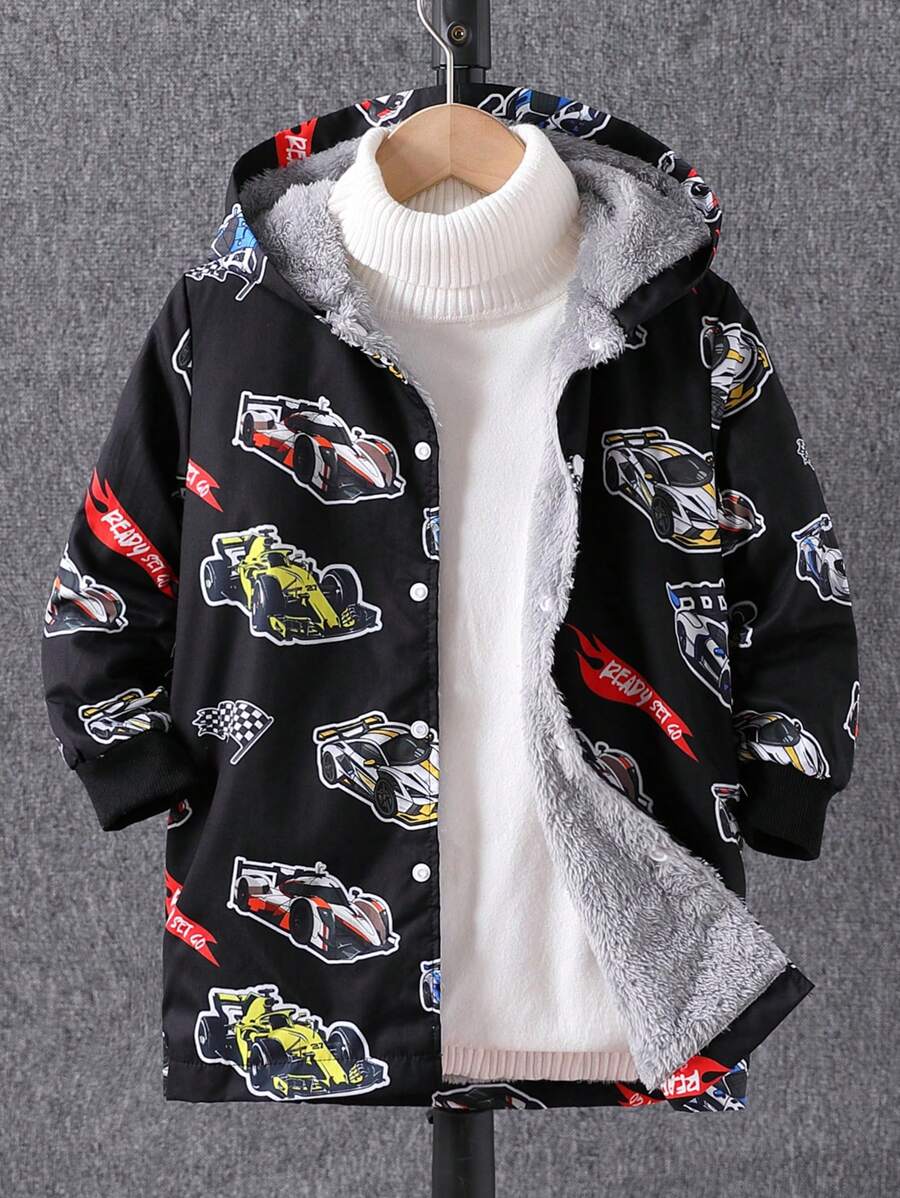 Young Boy Cool Race Car & Letter Graphic Print Thermal Lined Hooded Long Jacket For Fall/Winter, Suitable For Pairing With T-Shirt Or Sweatshirt, Comfortable, Warm And Fashionable Kids Boys Coat