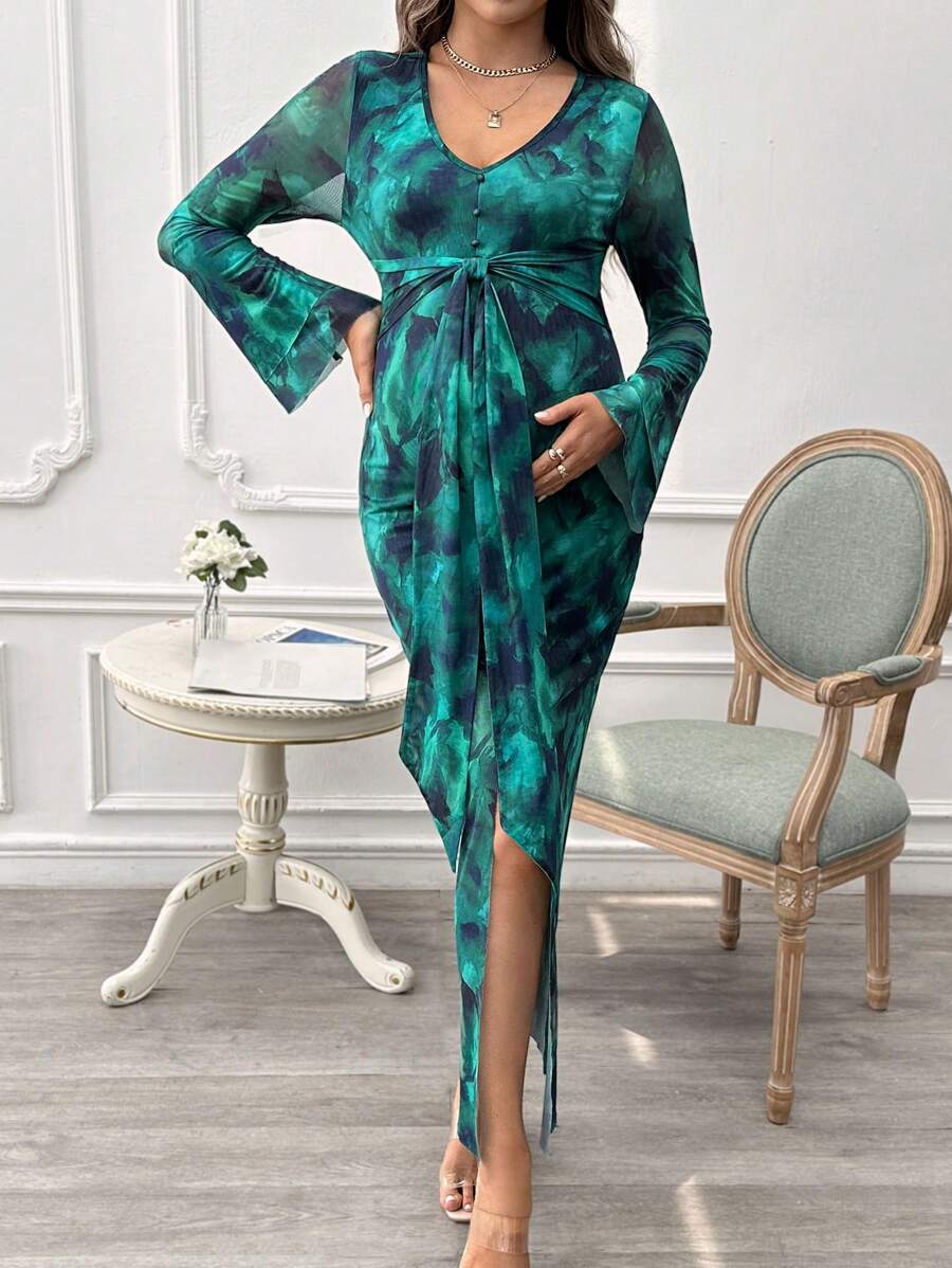 SHEIN Maternity V-Neck Tie-Dye Bell-Sleeve Bodycon Dress, Spring/Summer