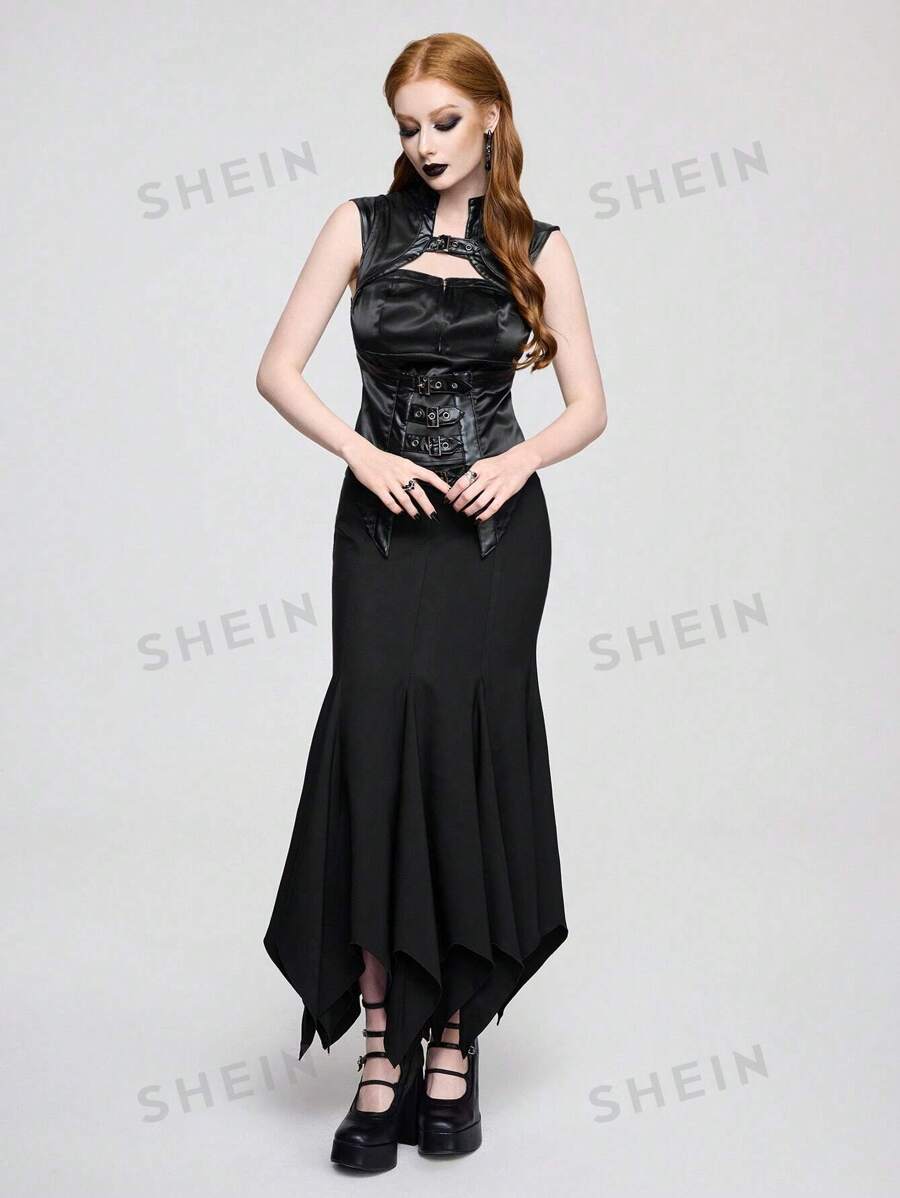 ROMWE Goth Top sin mangas de unicolor con escote espalda descubierta, de satén, ojetes y estilo gótico retro sexy, para mujer