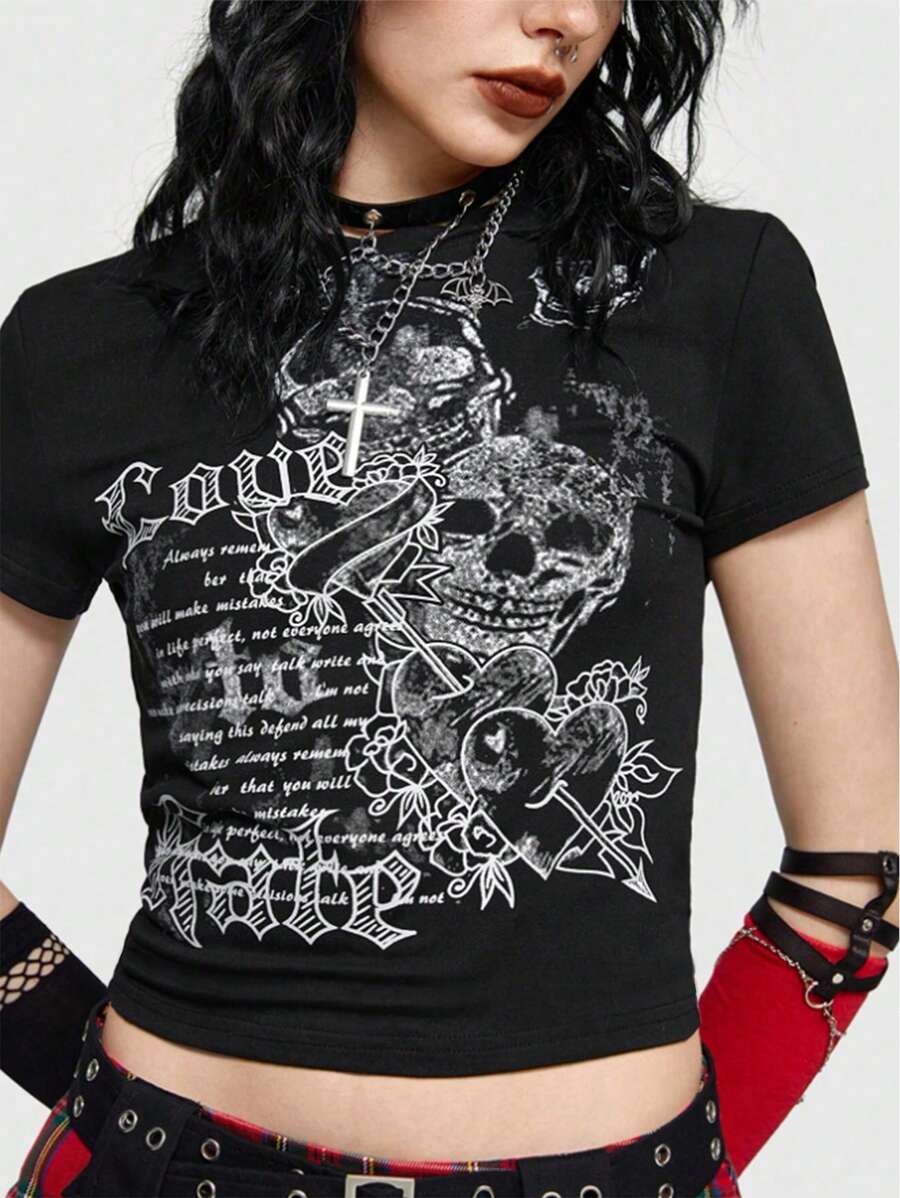 INAWLY Women's Casual Slogan & Skull Print Round Neck Short Sleeve T-Shirt, Summer Graphic Tee