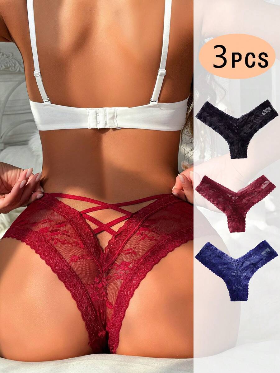 Set de 3 piezas de lencería transparente y de encaje con espalda cruzada sexy