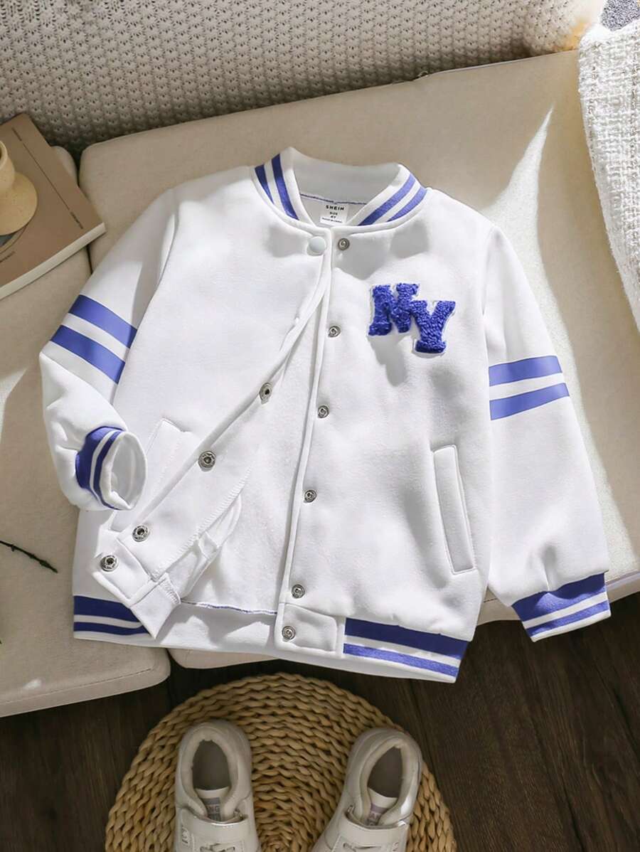 SHEIN Toddler Girls' College Style Purple & White Patchwork Baseball Jacket, Casual & Versatile