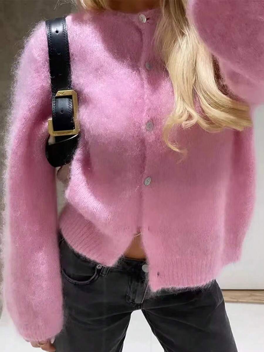 INAWLY Cárdigan casual minimalista de unicolor, de mangas largas y con botones al frente, color rosa para mujeres