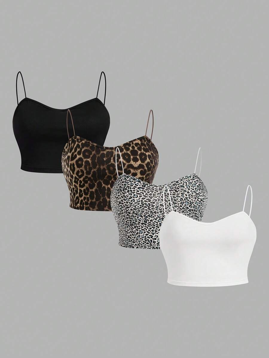 SHEIN EZwear 4pcs/Set Casual Leopard Print Slim Fit Camisole Tank Tops, Plus Size, Summer