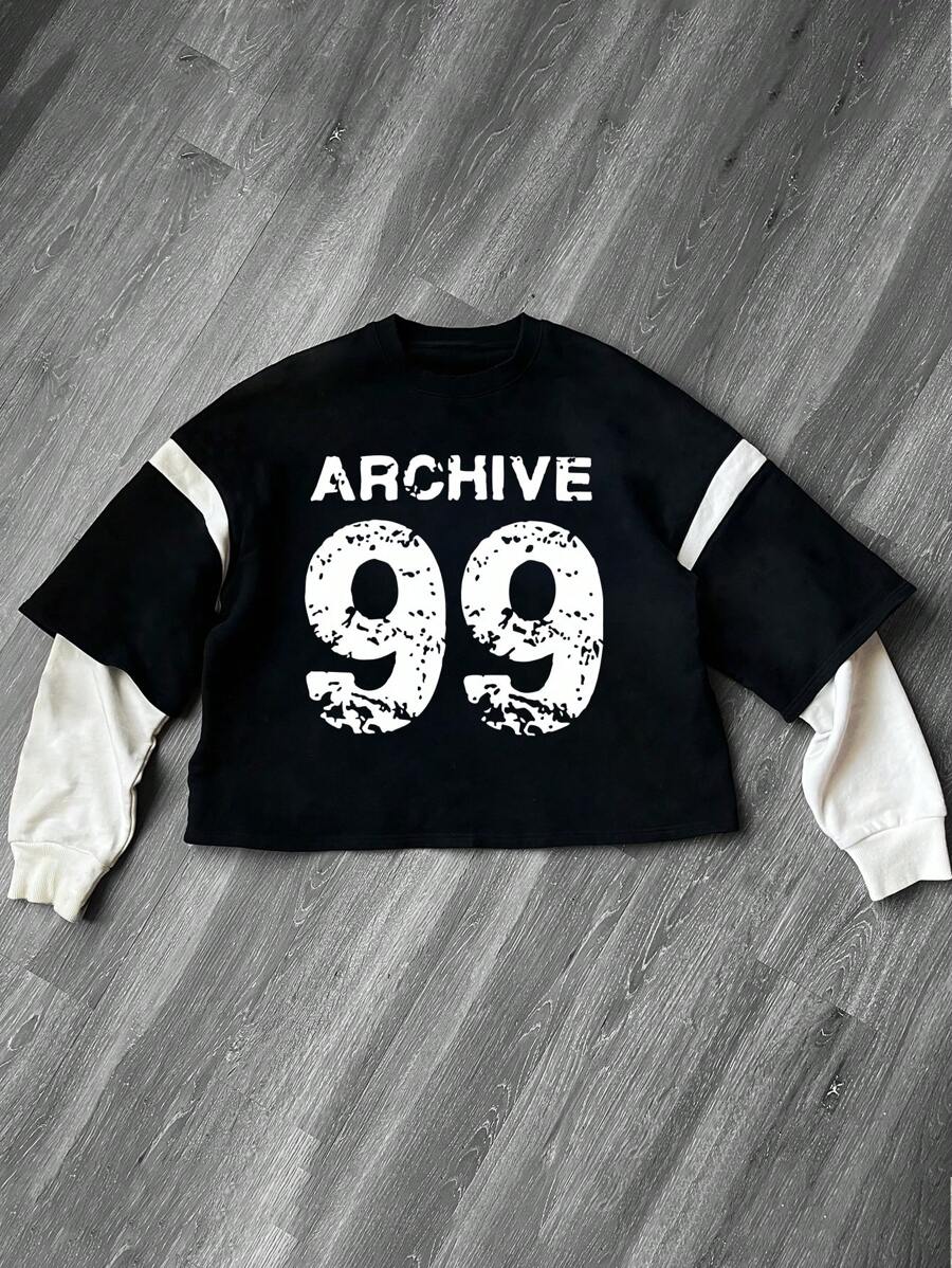 Manfinity Dauomo Camiseta casual de manga larga con cuello redondo y estampado de letras para hombres, con diseño 2 en 1 para primavera y verano, camiseta gráfica
