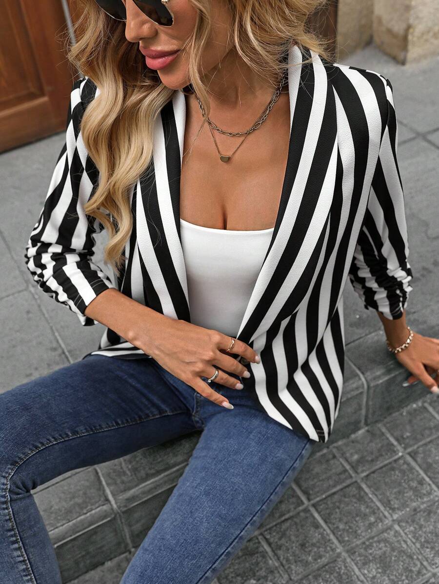 SHEIN LUNE Black & White Striped Puff Sleeve Women's Blazer Jacket, Suitable For Commuting & Casual Wear