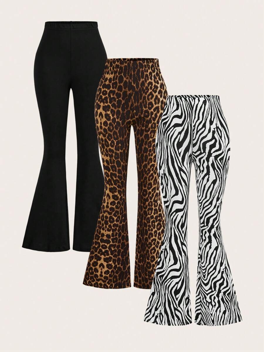SHEIN EZwear 3pcs Women Leopard & Zebra Print Elastic Waist Flared Tight Pants Set, Suitable For Spring, Summer, Autumn