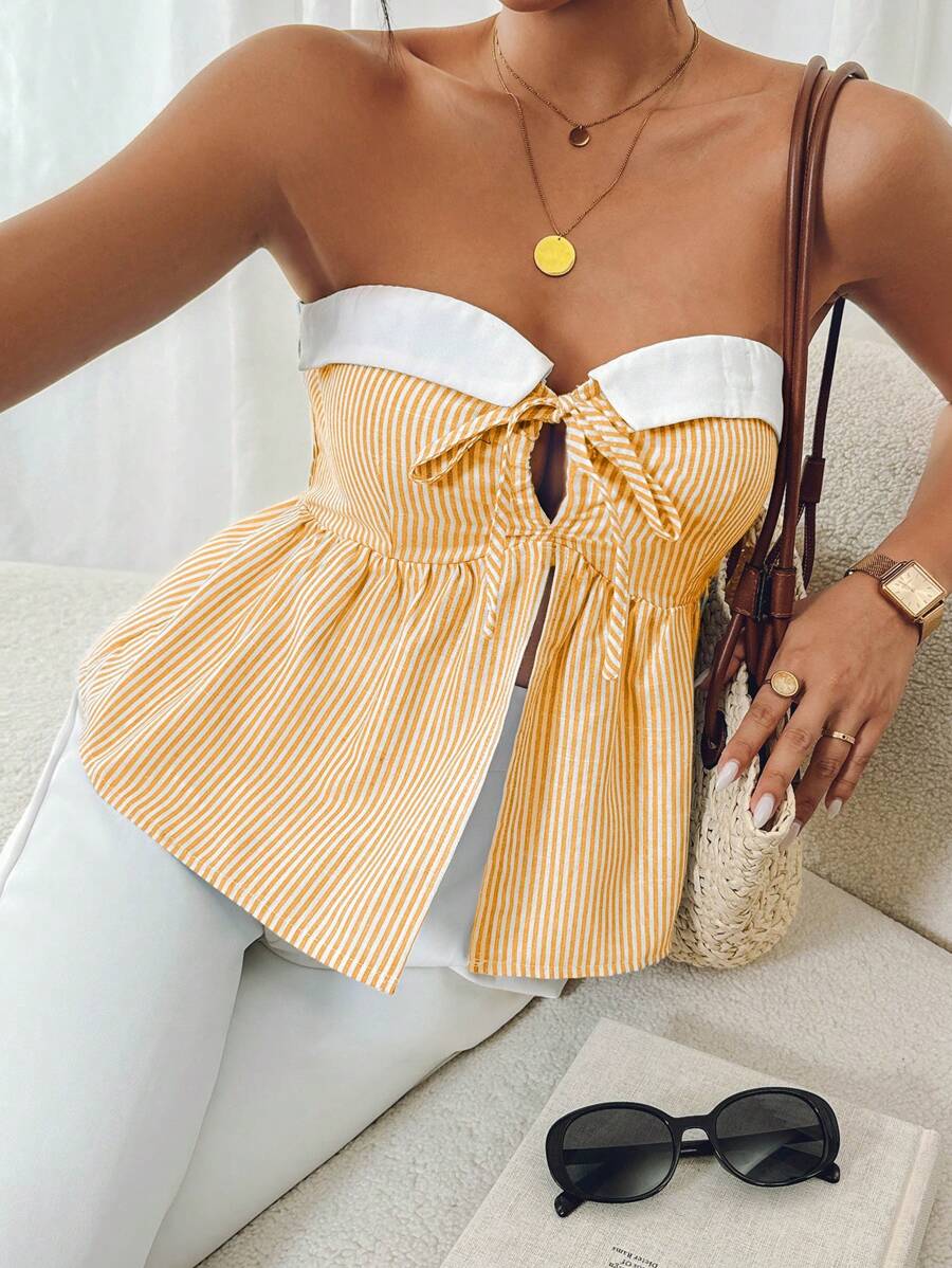 SHEIN Frenchy Top sans manches à rayures et imprimé pour femme en été, Top à rayures blocs de couleurs et imprimé pour femme, Top en corset, Vêtements pour la rentrée scolaire, Vêtements pour enseignants, Hauts américains, Style Old Money, Top pour enseignants, Tenue des années 70, Top Y2K