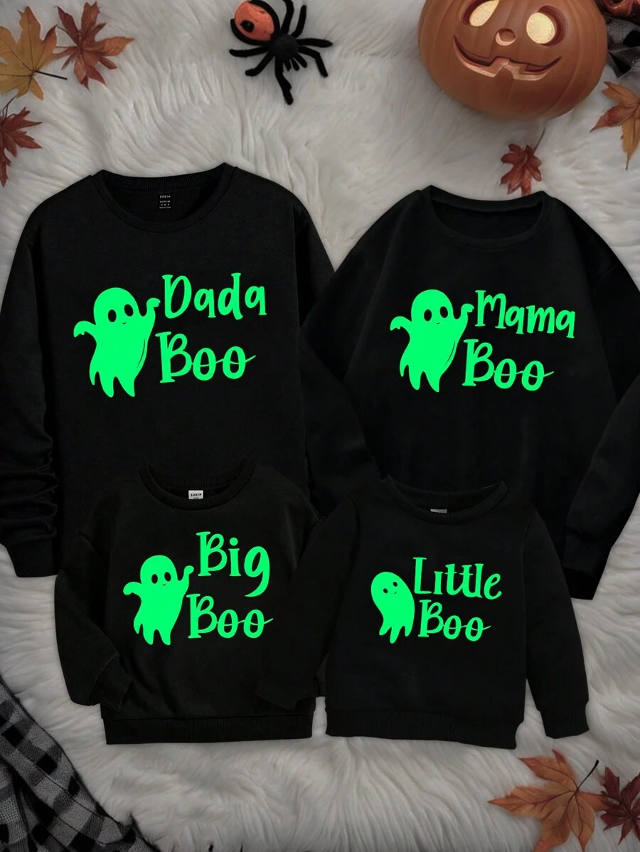Dames lange mouwen fleece ronde hals sweatshirt, Halloween thema Glow-in-the-dark schattige vleermuis print pullover casual sweatshirt, bijpassende familie outfits