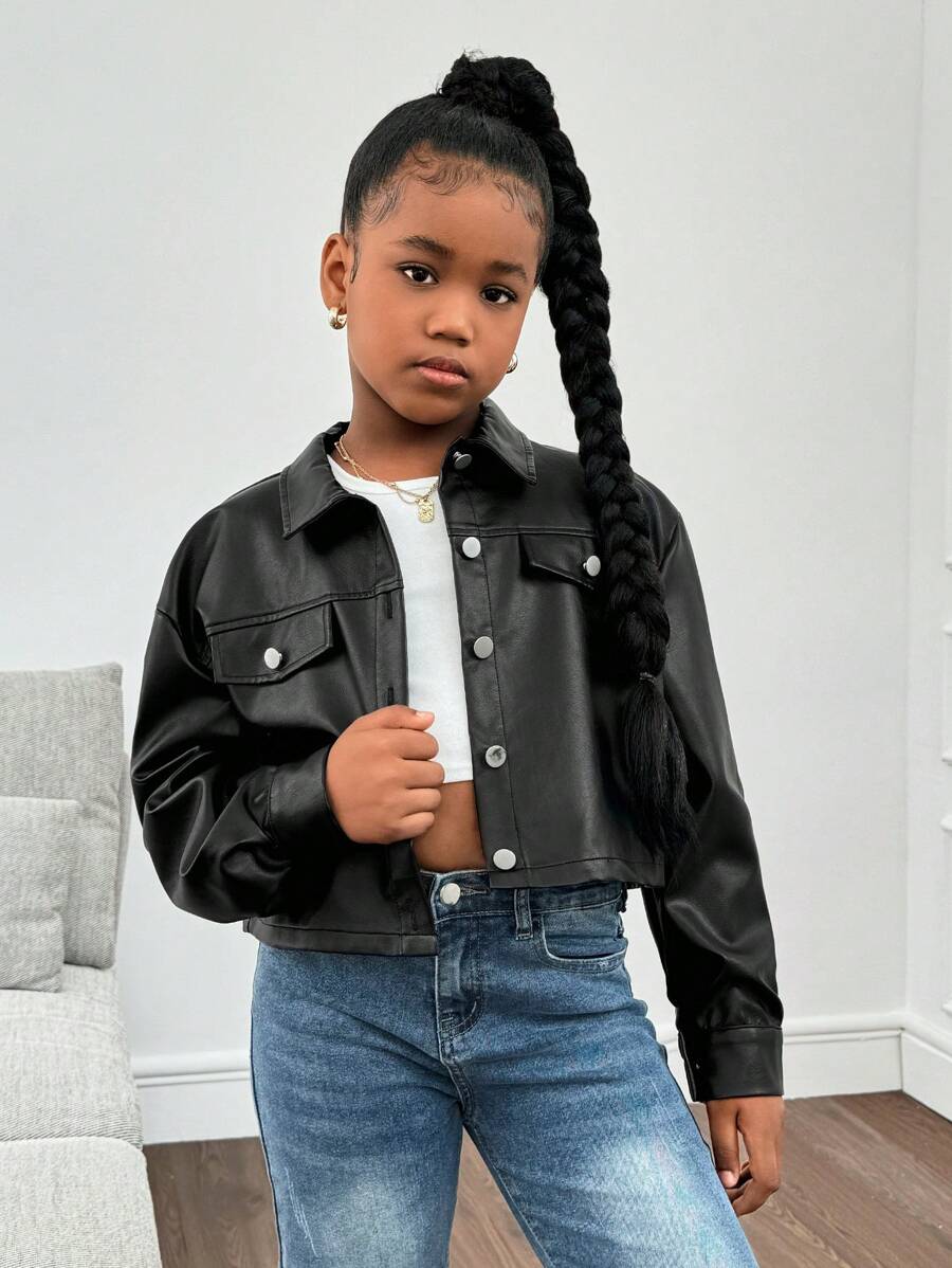 SHEIN Tween-Mädchen Lässig Schwarz Kragen Tasche Metall Schnalle PU Kurze Bomberjacke