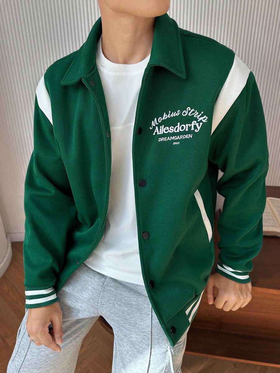 Manfinity Hypemode Men's Button-Up Long Sleeve Color Block Striped Letter Print Street Style Jacket