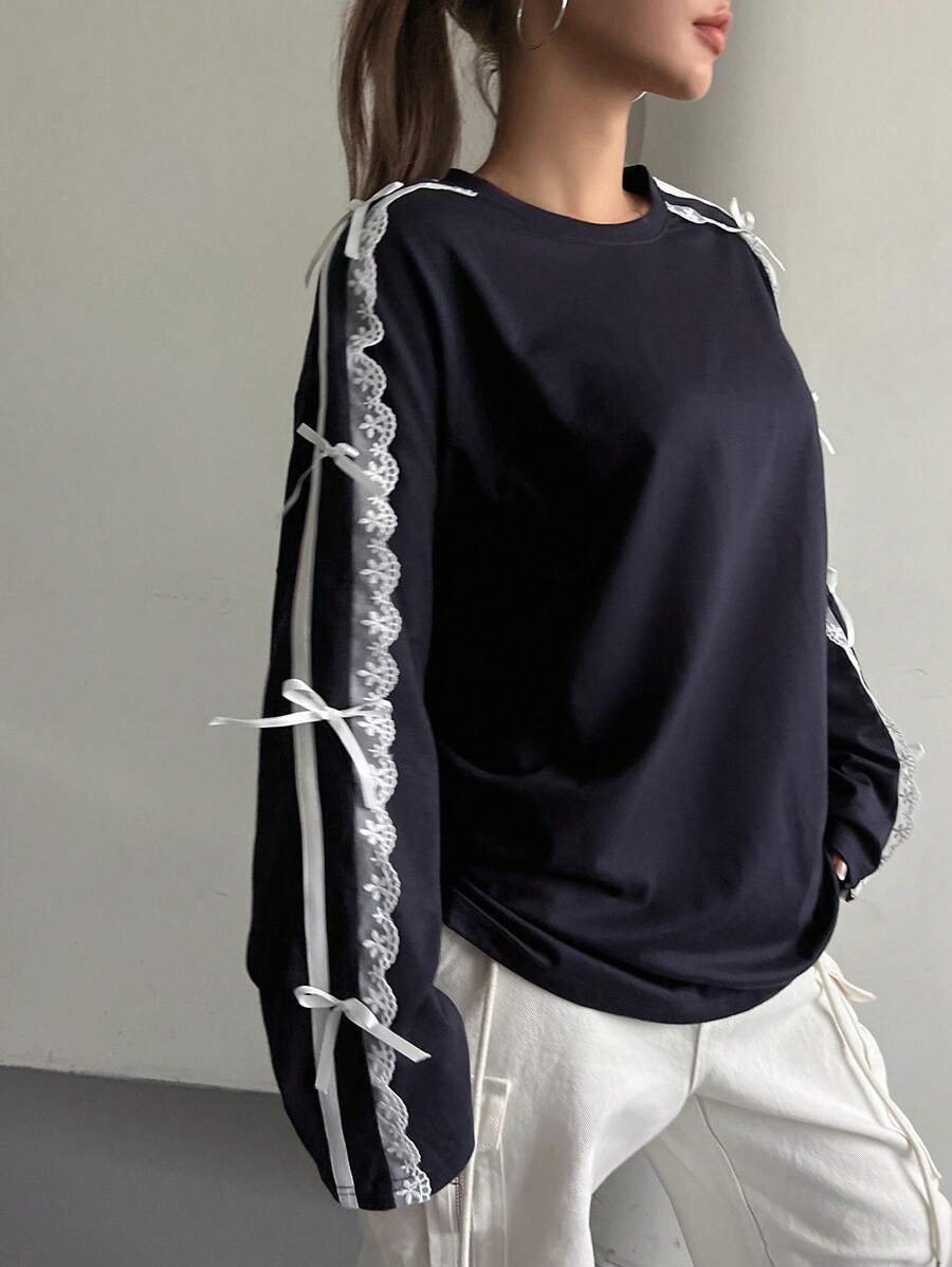 DAZY Long Sleeve T-Shirt With Crew Neck, Lace Panel, White Trim And Bow Accent,Fall Women Clothes