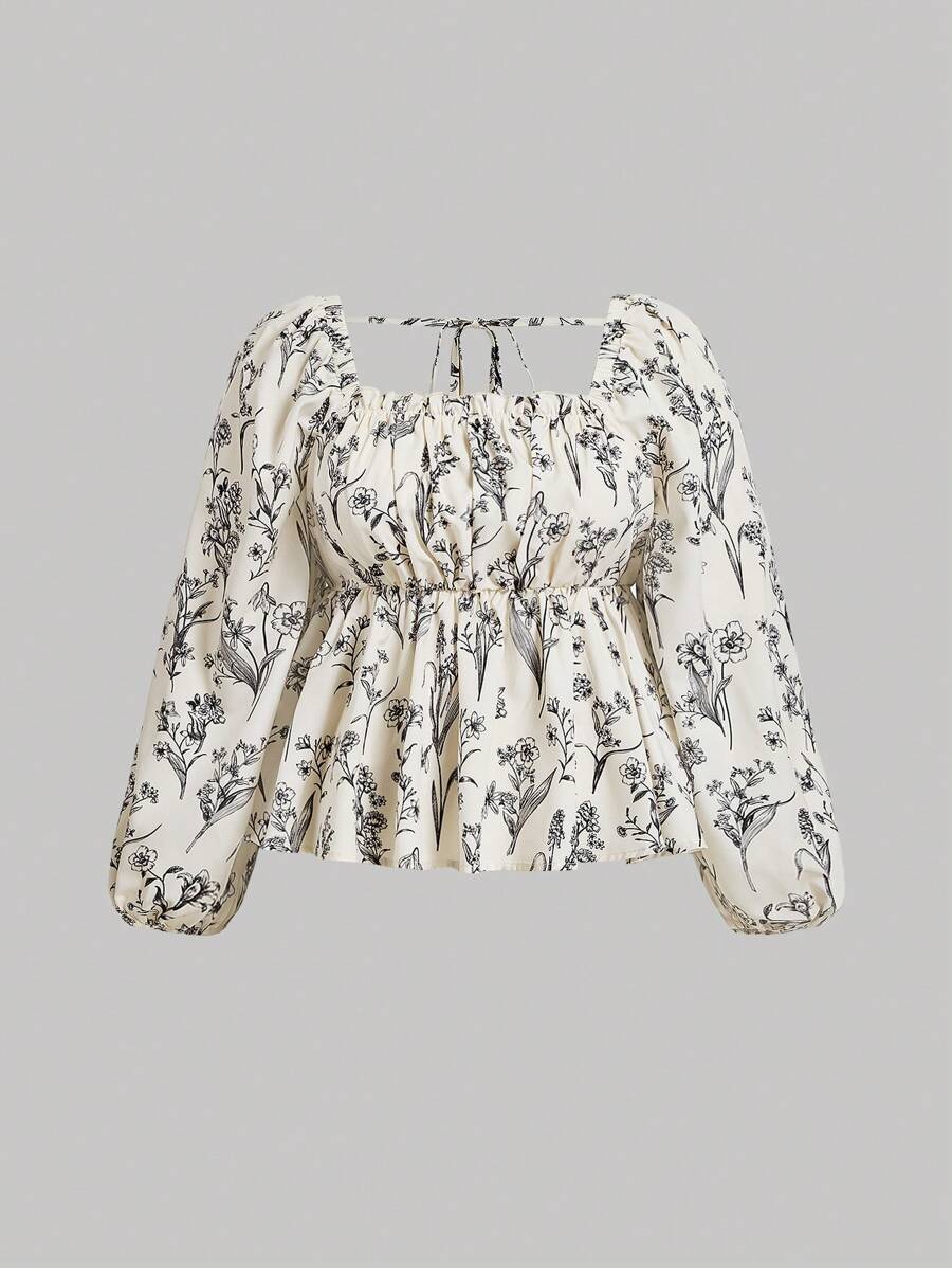 SHEIN MOD Camisa para mujer de talla grande con estampado floral vintage negro sobre fondo albaricoque, busto fruncido y bajo acampanado