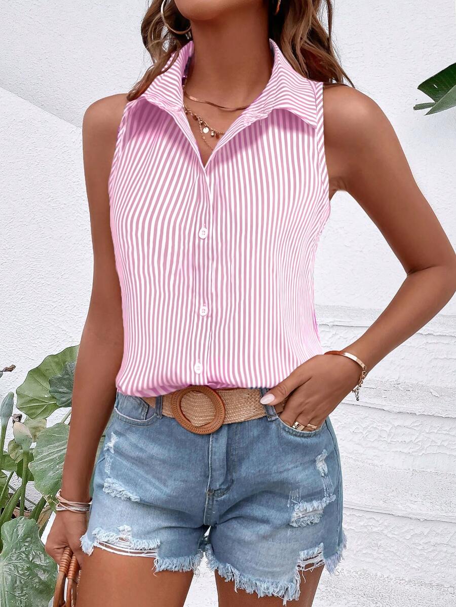 Calvaya Women's Summer Casual Sleeveless Stripe Loose Shirt