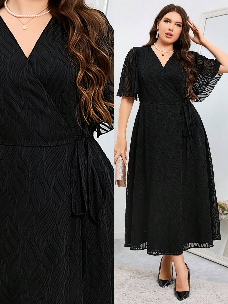 Modelyn Plus Size Solid Color Cutout Tie Wrap Dress Long Evening Dresses